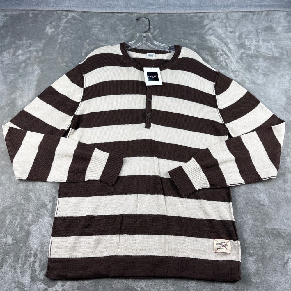 Guess by Marciano Mens XL Brown White Striped Henley Knit Sweater NWT